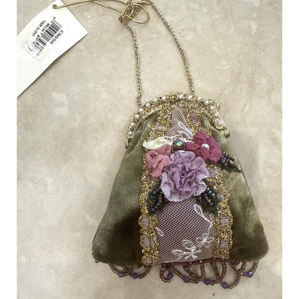 VTG NWT Victorian Style MINI‎ Velvet Beaded Purse Flapper Floral Sequin Ornament